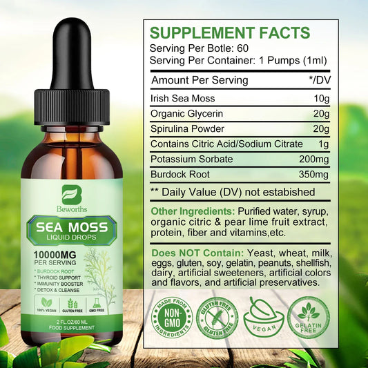 Beworths | Sea Moss Liquid Drops Burdock Root | Thyroid, Immunity & Weight Support