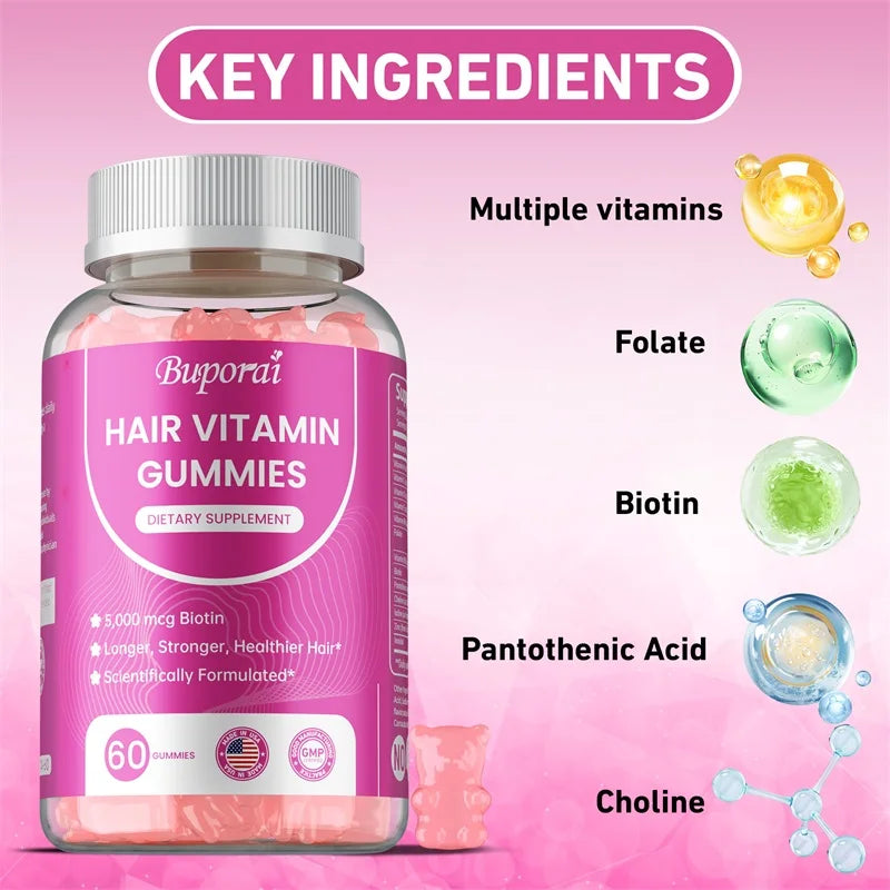 BUPORAI | Hair Vitamin Gummies | Care for Skin, Nails & Hair – Anti-Aging & Glowing Skin Support | 60 Gummies