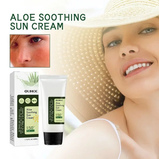 OUHOE Aloe Soothing Sun Cream SPF 50+ PA+++ – 50ml UV Isolation, Moisturizing & Non-Greasy Facial and Body Sunscreen