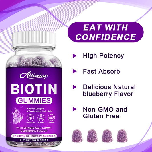 Allimise | Biotin Gummies with Collagen & Vitamins A & E | Hair Growth, Skin & Nails Support, Gluten-Free, Non-GMO | 60 Gummies
