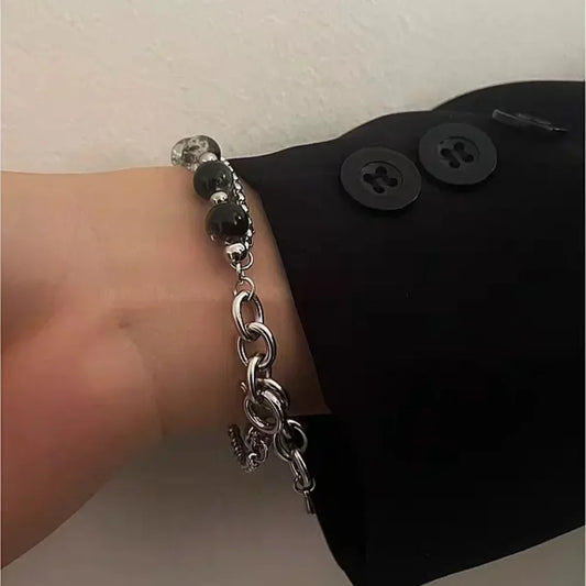 2024 Retro Black Cracking Beads Bracelet for Men Women Stainless Steel Double Layered Chain Fashion Hip-pop Jewelry Pulseras
