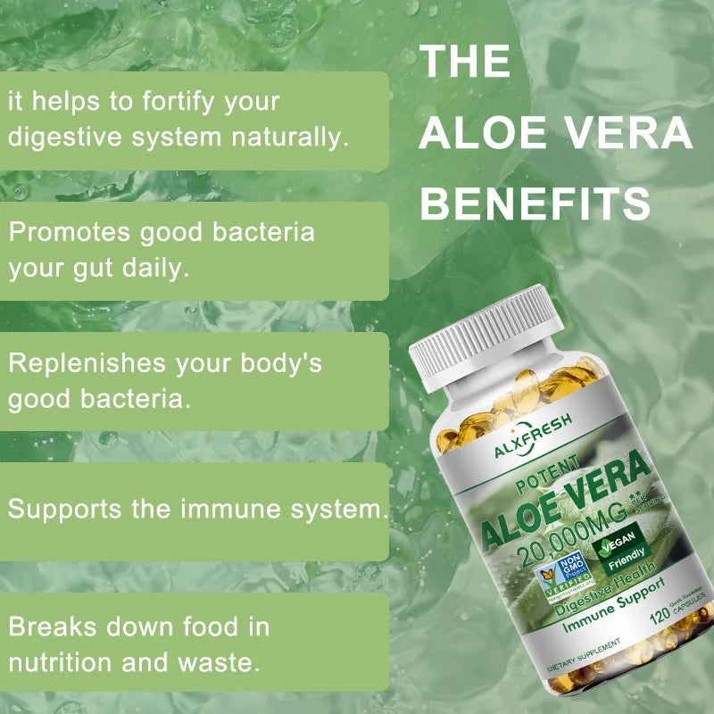 ALXFRESH | Aloe Vera 20,000mg Capsules | Digestive Health, Detox, Liver & Immune Support | 120 Capsules