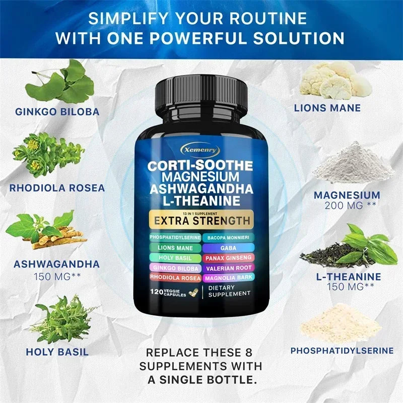 Xemenry | Corti-Soothe Magnesium Ashwagandha L-Theanine Capsules | Cortisol Balance, Adrenal & Sleep Support