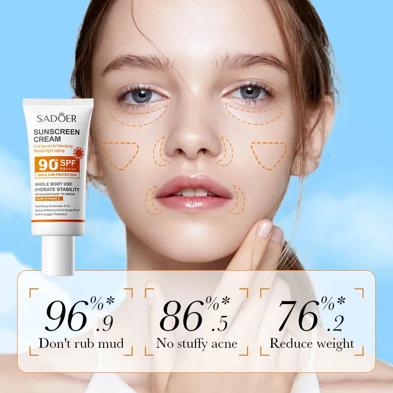 SADOER Sunscreen SPF 90+ PA+++ | Whitening, Waterproof & Sweatproof | Long-Lasting Moisturizing Sunblock | 50g