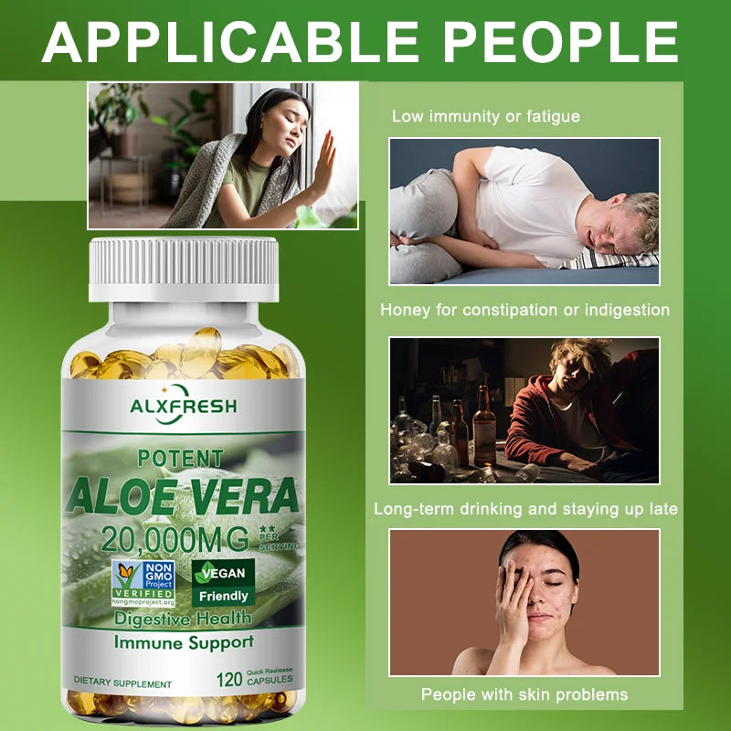 ALXFRESH | Aloe Vera 20,000mg Capsules | Digestive Health, Detox, Liver & Immune Support | 120 Capsules