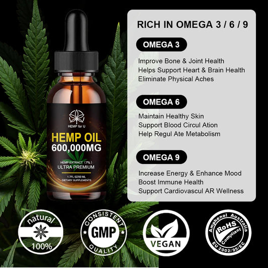 HEMP for U | Organic Hemp Oil 600,000mg | Stress, Pain & Sleep Support | 50ml