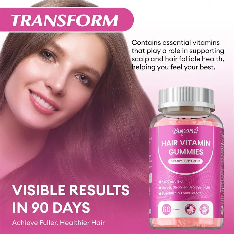 BUPORAI | Hair Vitamin Gummies | Care for Skin, Nails & Hair – Anti-Aging & Glowing Skin Support | 60 Gummies