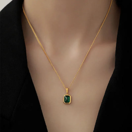 Fashion Retro Square Green Zircon Pendant Necklace For Women Charm Necklace Girls Wedding Engagement Jewelry Gift