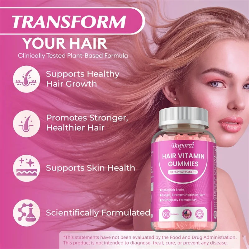 BUPORAI | Hair Vitamin Gummies | Care for Skin, Nails & Hair – Anti-Aging & Glowing Skin Support | 60 Gummies