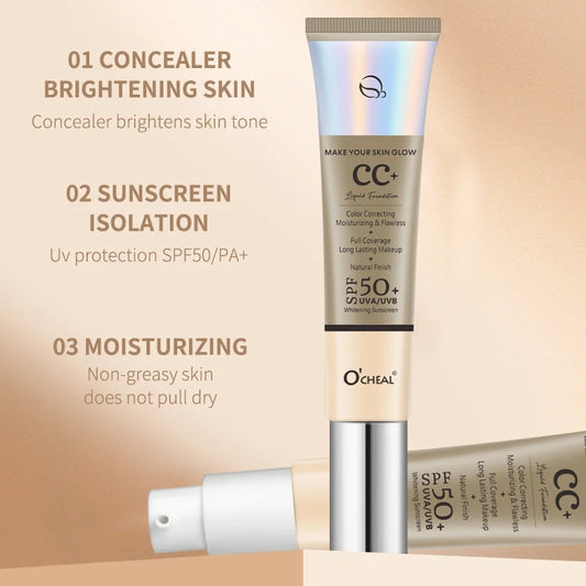 Ocheal 30g CC Cream Foundation Waterproff Concealer Moisturizing Sunscreen Liquid SPF 50+ Long Lasting Brightening Makeup Primer