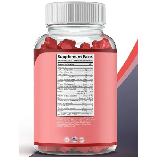 Hair Vitamin Gummies Supplement - Biotin, Folic Acid, Vitamin C and E | Supports Hair, Skin & Nails | Non-GMO | 60 Gummies