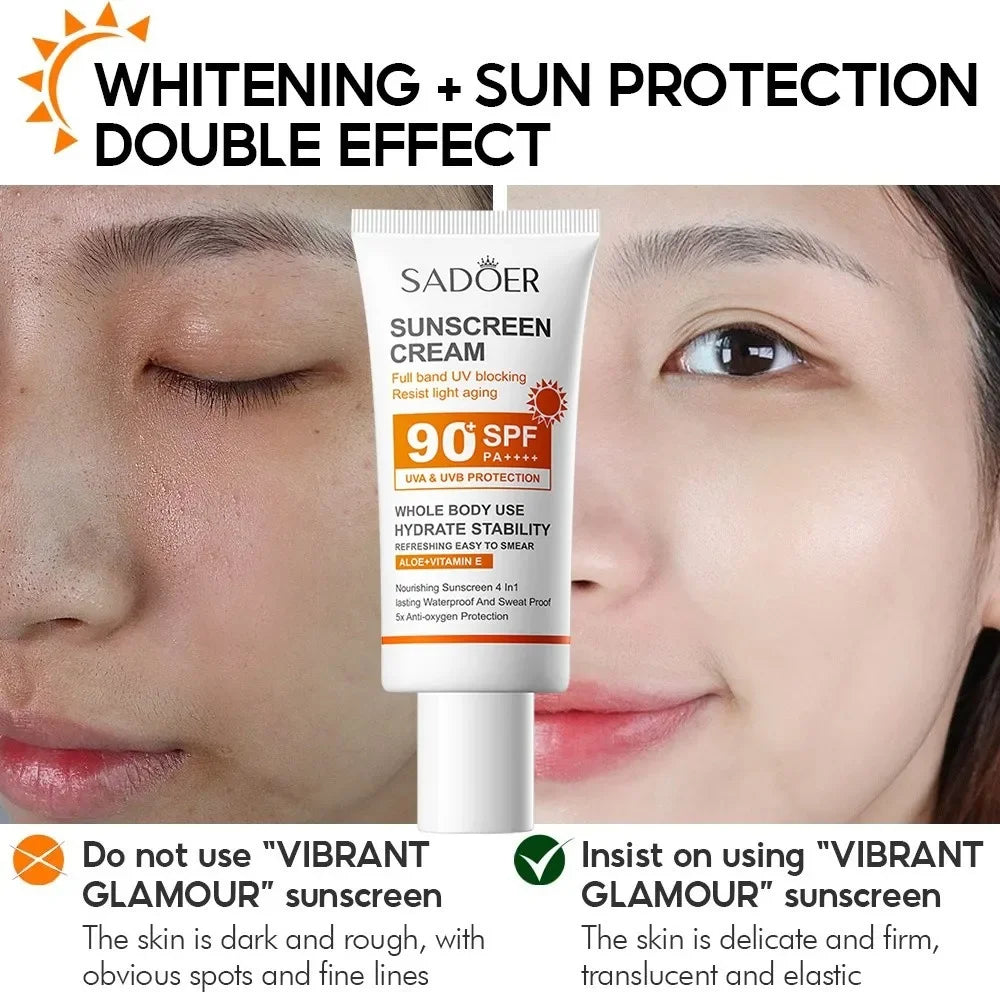 SADOER Sunscreen SPF 90+ PA+++ | Whitening, Waterproof & Sweatproof | Long-Lasting Moisturizing Sunblock | 50g