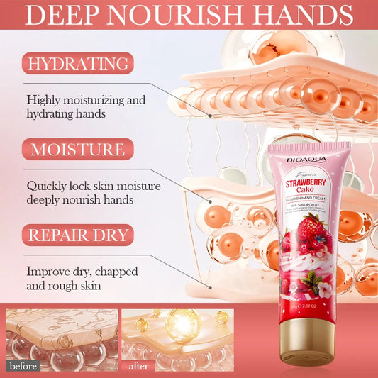 BIOAOUA Strawberry Cake Hand Cream – 80g Deep Moisturizing & Nourishing Cream with 99% Natural Extracts