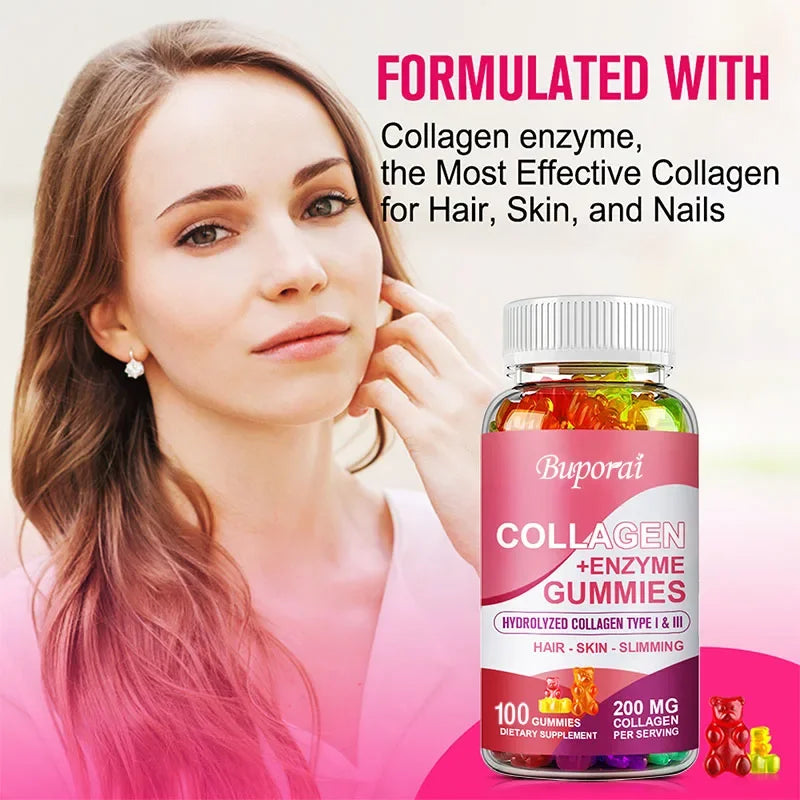 Buporai | Collagen + Enzyme Gummies with Biotin | Hair Growth, Skin Care, Nails, Bone & Joint Support | 100 Gummies