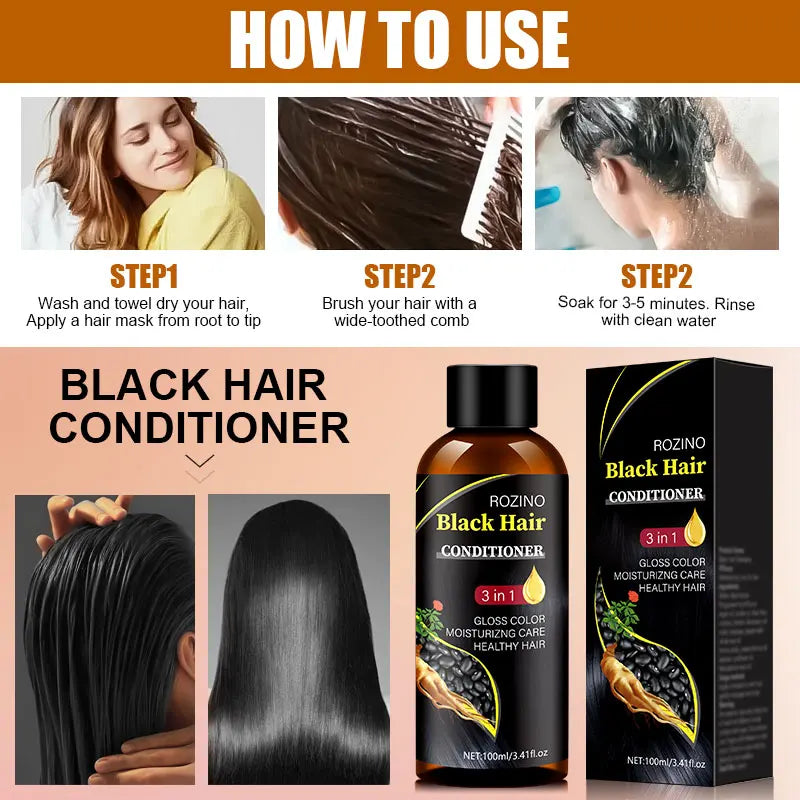 ROZINO 3-in-1 Black Hair Conditioner – 100g Gloss Color, Moisturizing Care & Split End Repair