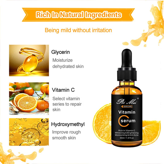 Pri Mei® Vitamin C Facial Serum | Brightening, Spot-Lightening & Anti-Acne | Hyaluronic Acid Essence | 30ml