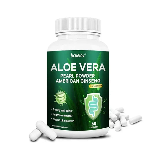 Bcuelov | Aloe Vera Capsules with Pearl Powder & Ginseng | Fat Burn, Detox, Digestion, Skin & Immune Support | 120 Capsules