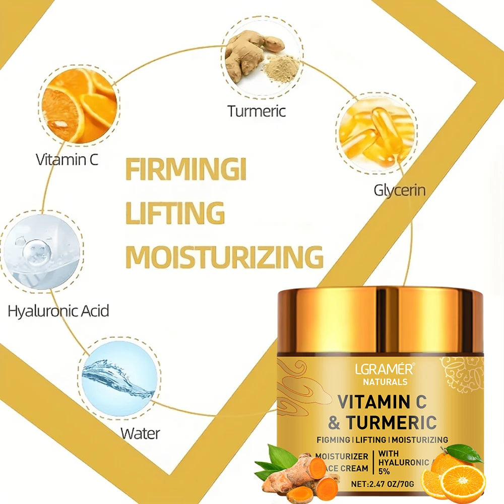 LGRAMÉR Naturals Turmeric & Vitamin C Face Cream | Retinol & 5% Hyaluronic Acid | Firming, Lifting, Moisturizing & Whitening Skincare | 70g