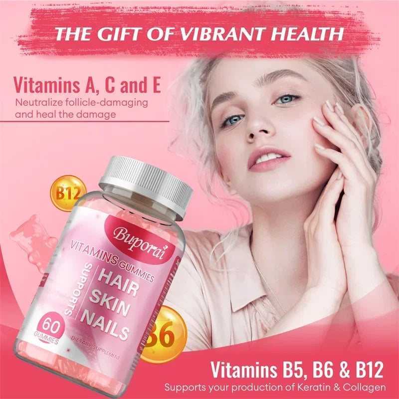 Buporai | Hair, Skin & Nails Gummies | Supports Hair Growth, Skin Care & Nail Health | 60 Gummies