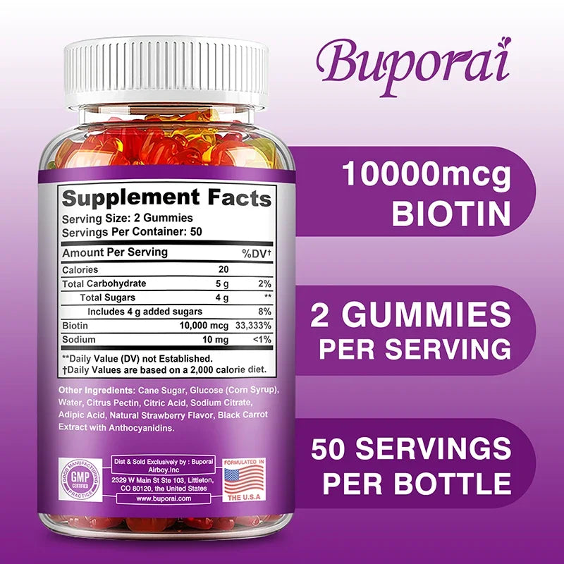 Buporai | Biotin Gummies| Hair, Skin & Nails, Immunity, Digestion Support | 100 Gummies