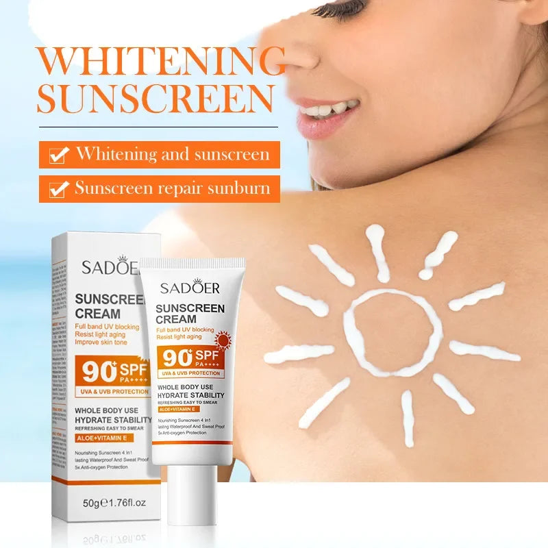SADOER Sunscreen SPF 90+ PA+++ | Whitening, Waterproof & Sweatproof | Long-Lasting Moisturizing Sunblock | 50g