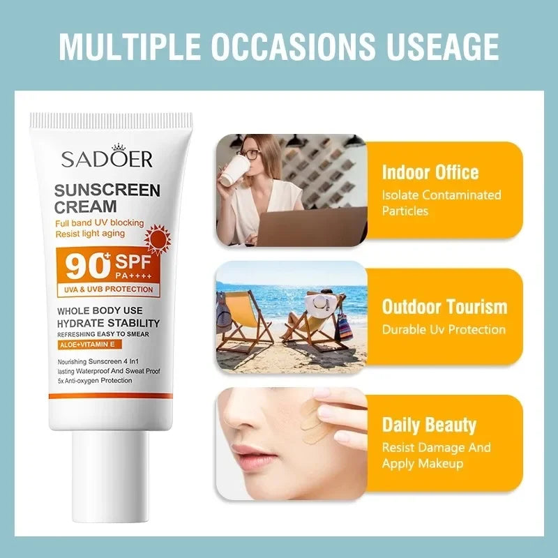 SADOER Sunscreen SPF 90+ PA+++ – 50g Whitening, Waterproof & Long-Lasting Moisturizing Sunblock