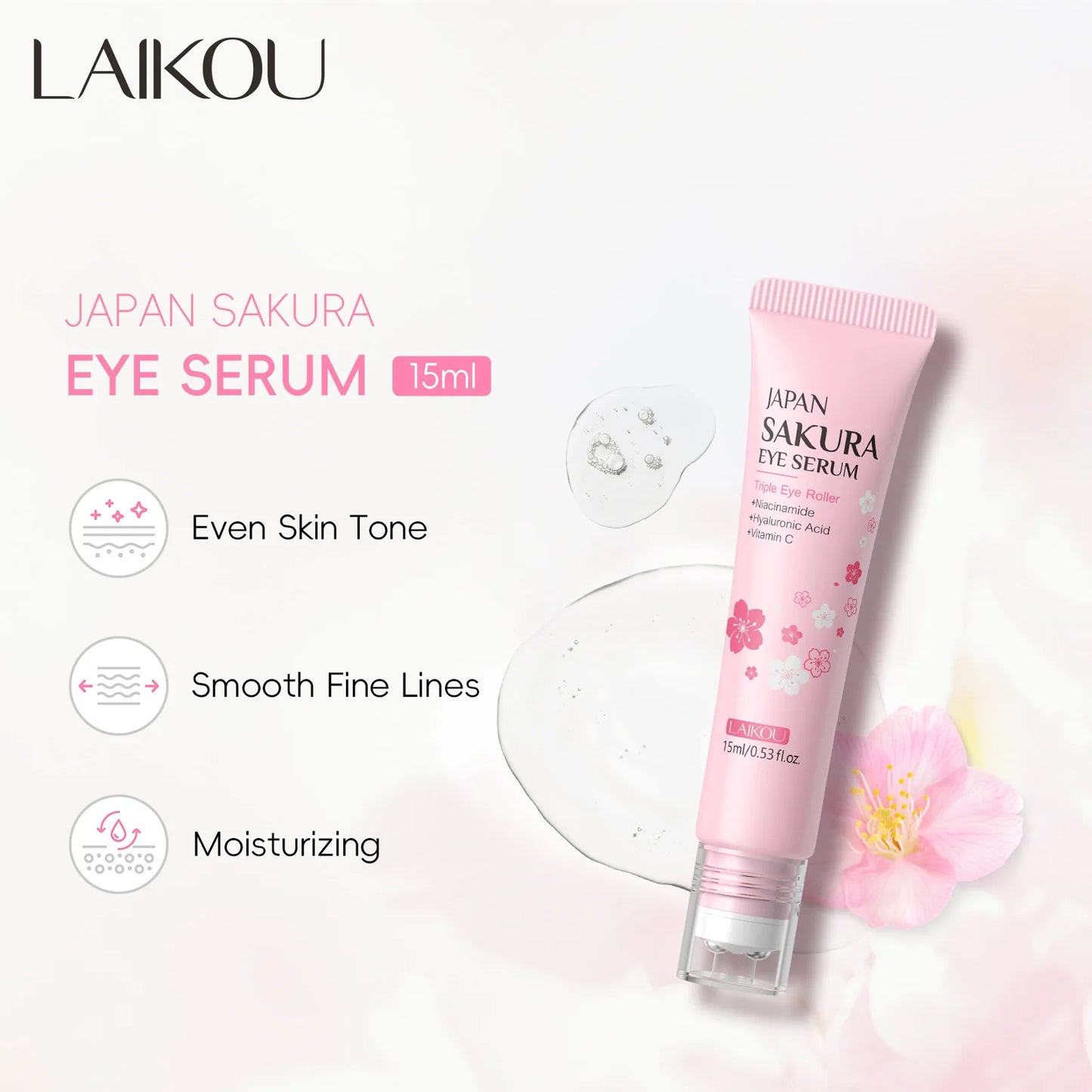 LAIKOU Sakura Eye Serum Roller – 15ml Hyaluronic Acid, Moisturizing, Dark Circle & Eye Bag Reduction