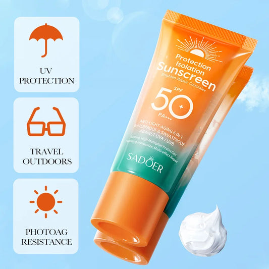 SADOER Dual Tube Facial Sunscreen SPF 50+ PA+++ – 50g Multi-Effect Solar Blocker for Brightening, Repair & UVA/UVB Protection
