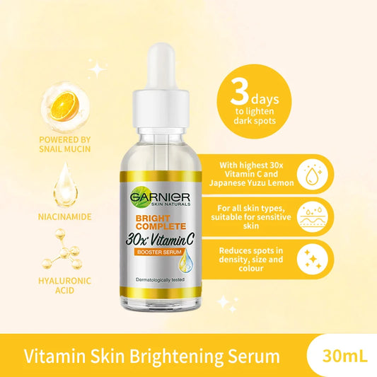 Garnier Bright Complete Booster Serum | 30x Vitamin C + Niacinamide | Whitening, Acne Mark Fading & Skin Tone Brightening | 30ml