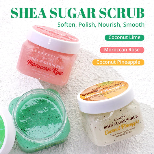 Shea Sugar Body Scrub Exfoliating Polish Soften Nourish Smooth Skin Moroccan Rose Coconut Lime Pineapple Bath Clean Moisturizing