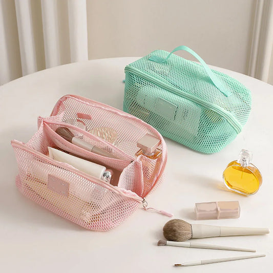 Large Capacity Mesh Handheld Makeup Bag Zipper Multi-layer Transparent Mesh Cosmetic Bag Organizer Case Square