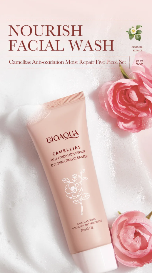 BIOAQUA Camellias Anti‑Oxidation Moist Repair Five‑Piece Set – Hydrating, Firming & Anti‑Wrinkle Facial Skin Care Kit