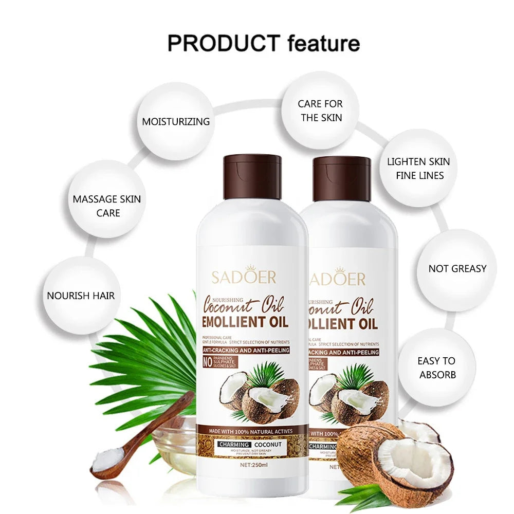 SADOER Coconut Massage & Body Oil | Nourishes Hair, Firms Skin & Lightens Fine Lines | Soothes Dry Skin & Reduces Frizz | 250ml