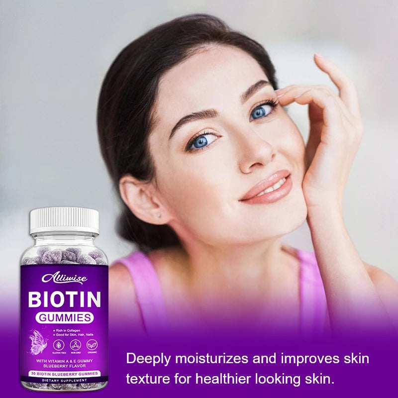 Allimise | Biotin Gummies with Collagen & Vitamins A & E | Hair Growth, Skin & Nails Support, Gluten-Free, Non-GMO | 60 Gummies