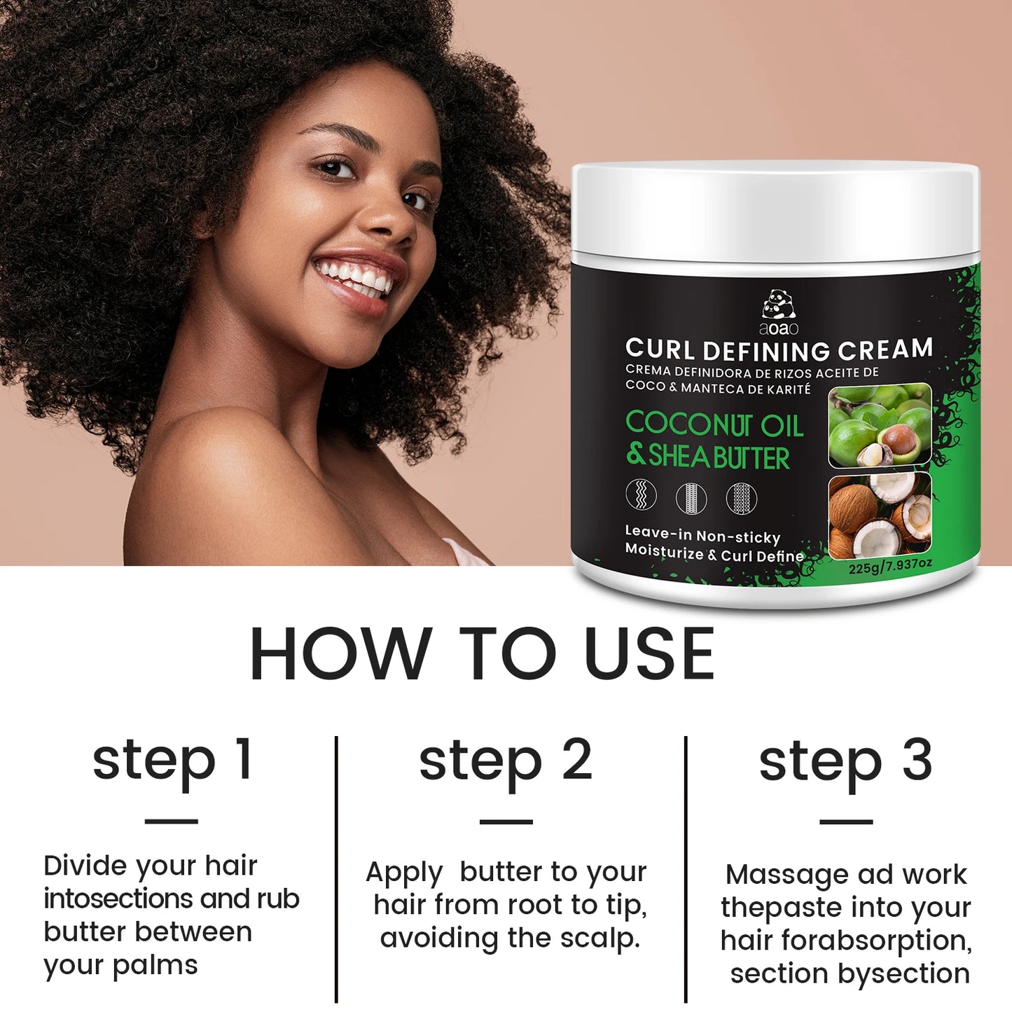 AOAO Curl Defining Cream – 225g Coconut Oil & Shea Butter Leave-In Conditioner for Curly Hair