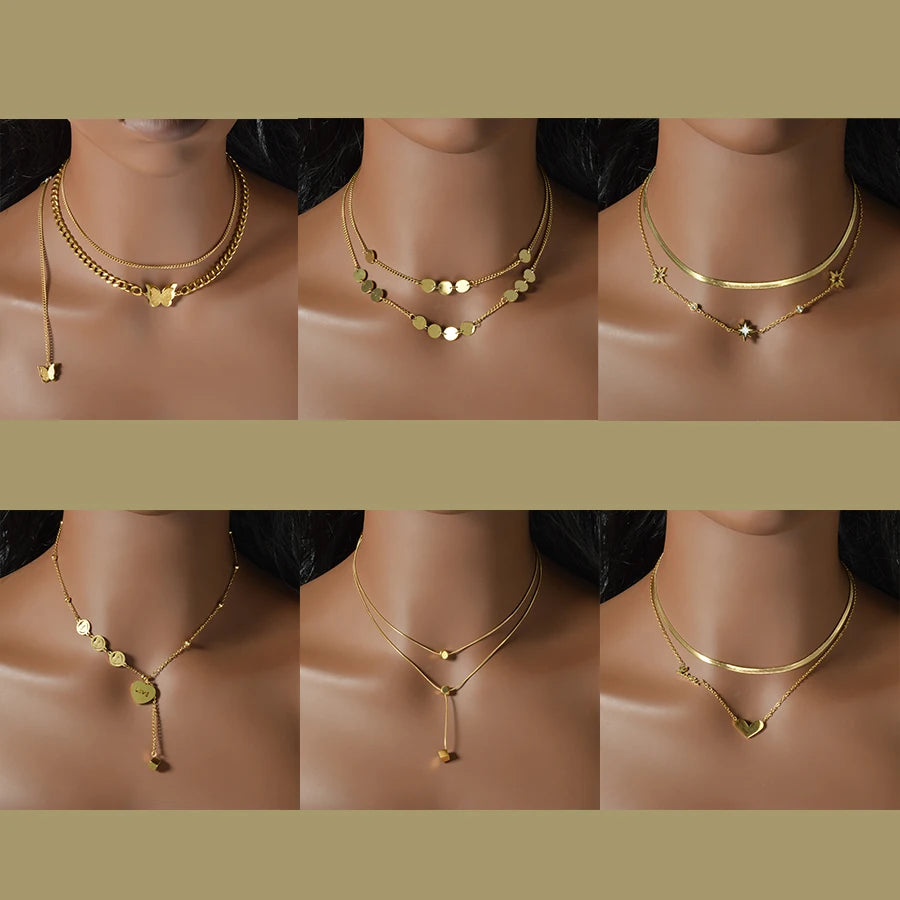 Fashion Gold Plated Layered Necklace Trendy Thin Chain Pendant Dainty Stackable Jewelry Gift for Women Birthday Valentine