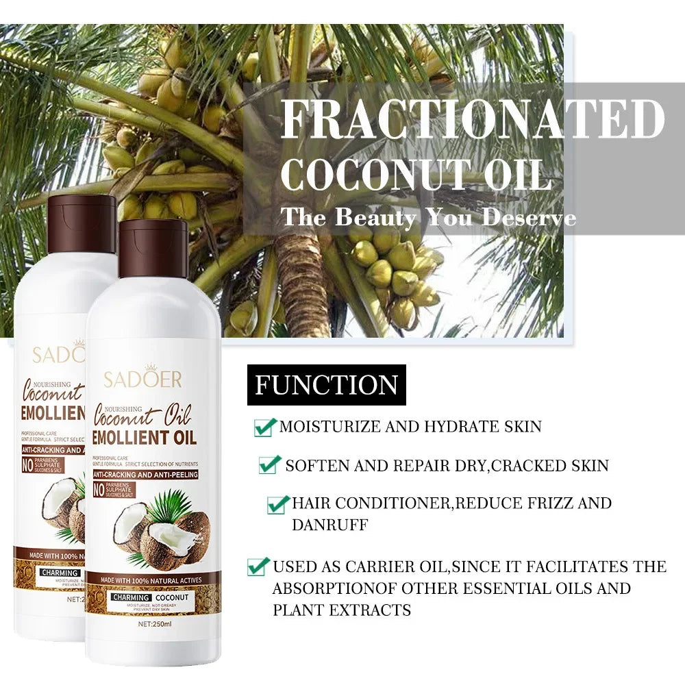 SADOER Coconut Massage & Body Oil | Nourishes Hair, Firms Skin & Lightens Fine Lines | Soothes Dry Skin & Reduces Frizz | 250ml