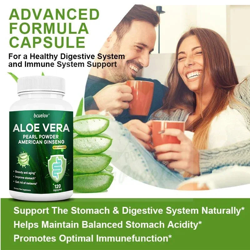 Bcuelov | Aloe Vera Capsules with Pearl Powder & Ginseng | Fat Burn, Detox, Digestion, Skin & Immune Support | 120 Capsules