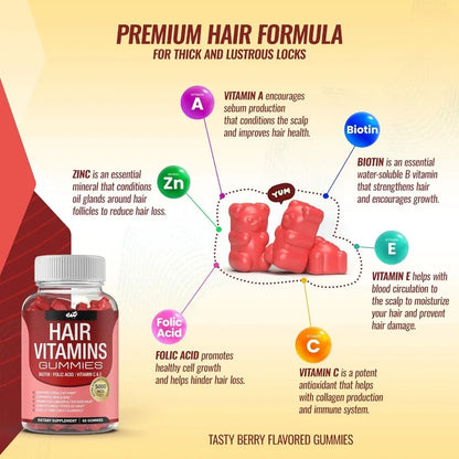 Hair Vitamin Gummies Supplement - Biotin, Folic Acid, Vitamin C and E | Supports Hair, Skin & Nails | Non-GMO | 60 Gummies