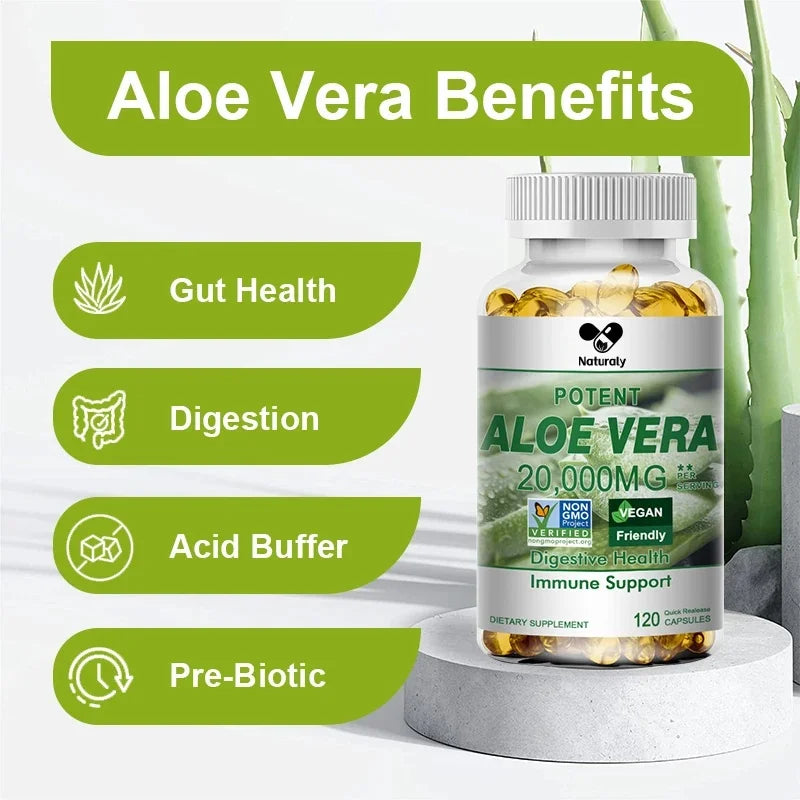 Naturaly | Aloe Vera Extract Capsules | Relieves Constipation, Detox, Fat Burn, Digestive & Immune Support | 120 Capsules