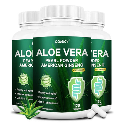 Bcuelov | Aloe Vera Capsules with Pearl Powder & Ginseng | Fat Burn, Detox, Digestion, Skin & Immune Support | 120 Capsules