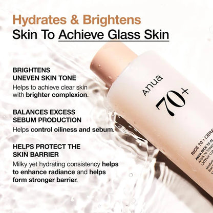 Anua | Rice 70+ & Ceramide Milky Toner | Brightening, Moisturizing & Lightweight Radiance