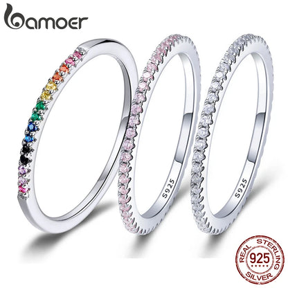 BAMOER 925 Sterling Silver Full pave CZ Simulated Diamond Stackable Ring, Women Gold Plated Engagement Wedding Eternity Bands