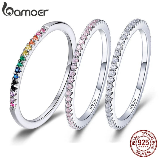 BAMOER 925 Sterling Silver Full pave CZ Simulated Diamond Stackable Ring, Women Gold Plated Engagement Wedding Eternity Bands