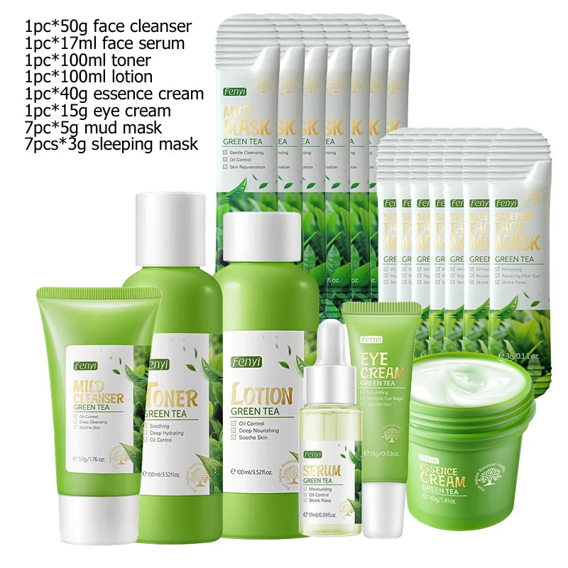 Green Tea & Sakura Skincare Kit | Korean Cosmetics for Women | Moisturizing, Acne Care & Exfoliating Face Set