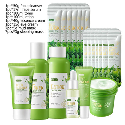 Green Tea & Sakura Skincare Kit | Korean Cosmetics for Women | Moisturizing, Acne Care & Exfoliating Face Set