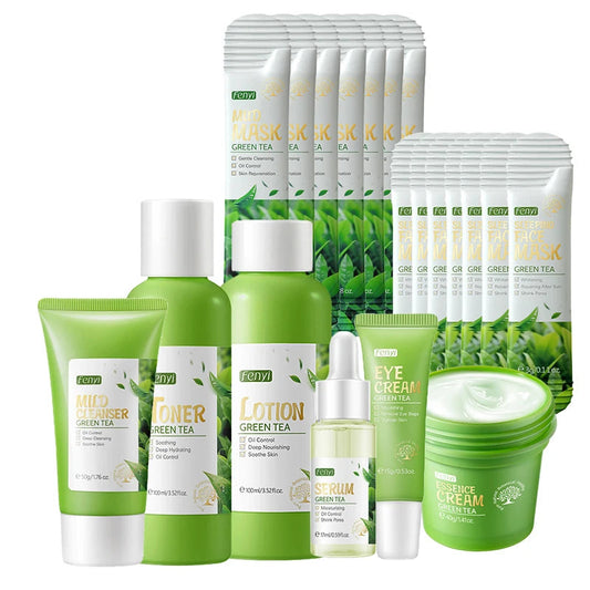 Green Tea & Sakura Skincare Kit – Korean Cosmetics Set for Moisturizing, Acne Care & Exfoliation