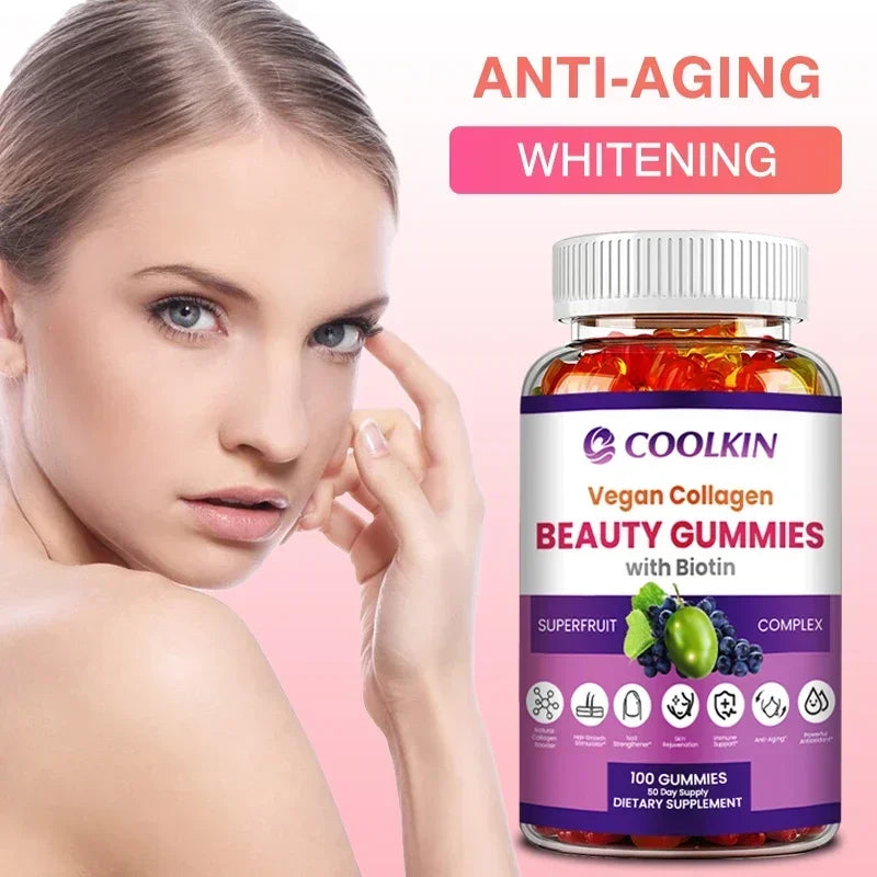 Coolkin | Beauty Gummies with Vegan Collagen & Biotin | Skin, Nail & Hair Health, Anti-Aging, Detox Support | 30 Gummies (15-Day Supply)