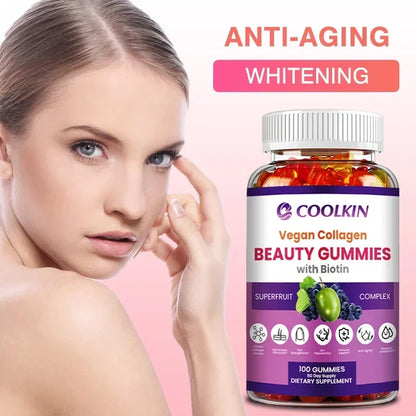 Coolkin | Beauty Gummies with Vegan Collagen & Biotin | Skin, Nail & Hair Health, Anti-Aging, Detox Support | 30 Gummies (15-Day Supply)