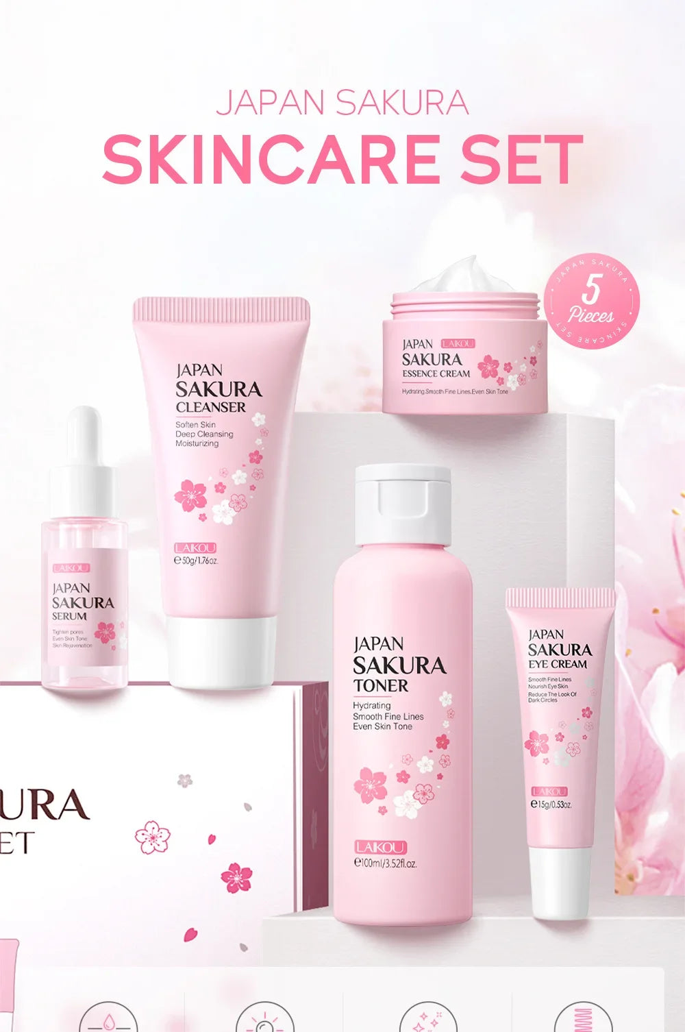LAIKOU Sakura Skin Care Kit – 5-Piece Moisturizing & Brightening Facial Set with Niacinamide & Cherry Blossom Extract